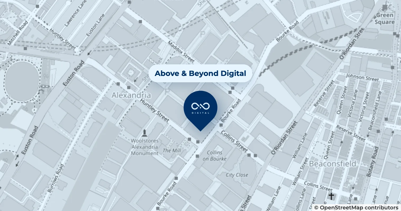 Map showing the Above & Beyond Digital office at A1/35-39 Bourke Road, Alexandria NSW 2015